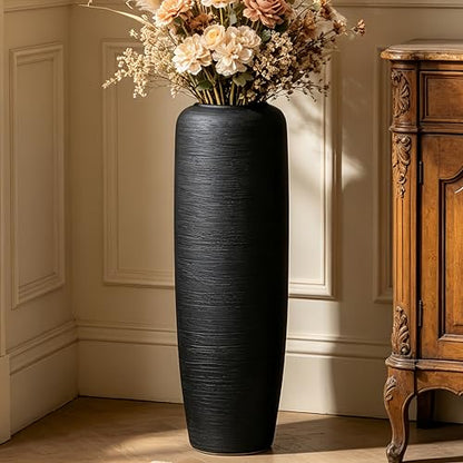 Black Rustic Ceramic Floor Vase, 24 Inch, Ribbed Texture | Living Room, Entryway, Fireplace, Pampas Grass, Dried Branches - size: 23.6 Inch