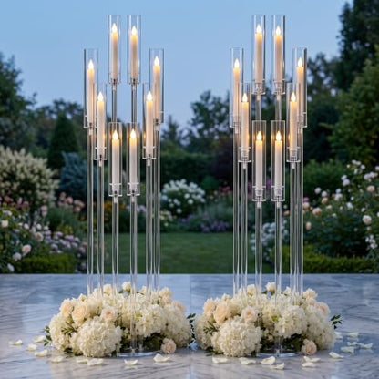 4PCS 8-Arm Acrylic Candelabra Centerpieces for Tables, Sturdy Solid Rods 45.6" Tall Floor Candle Holders Set with Shades for Wedding Birthday Party Anniversary, Clear