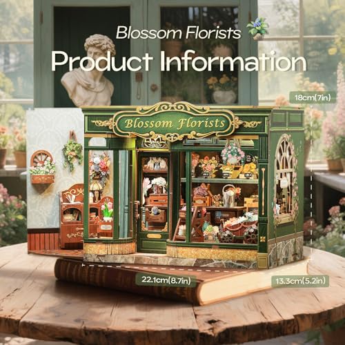 Miniature House Book Nook Kit | DIY Bookshelf 3D Wooden Puzzles for Adults Booknook Plant Gifts for Women Teenagers (Blossom Florists) - style: Blossom Florists