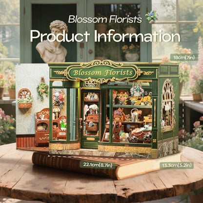 Miniature House Book Nook Kit | DIY Bookshelf 3D Wooden Puzzles for Adults Booknook Plant Gifts for Women Teenagers (Blossom Florists) - style: Blossom Florists
