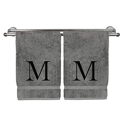 Monogrammed Hand Towel, Personalized Gift, Set of 2- Black Block Letter Embroidered Towel - Extra Absorbent 100% Turkish Cotton - Soft Terry Finish - Initial M Gray - color: Gray & Black, size: Initial M