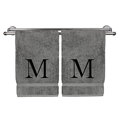 Monogrammed Hand Towel, Personalized Gift, Set of 2- Black Block Letter Embroidered Towel - Extra Absorbent 100% Turkish Cotton - Soft Terry Finish - Initial M Gray - color: Gray & Black, size: Initial M