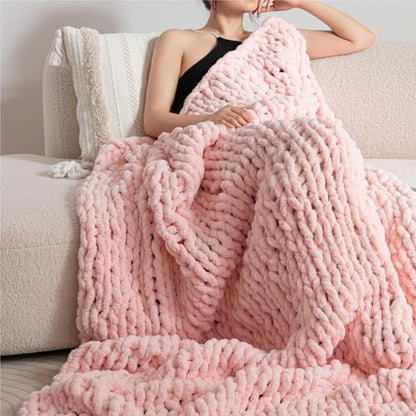 Chunky Knit Blanket Throw 51"×63" for Couch Pink | 100% Handmade Knitted Throw Blanket Fluffy Soft Blanket with Jumbo Chenille Yarn Thick - color: Pink, size: 50"*60"