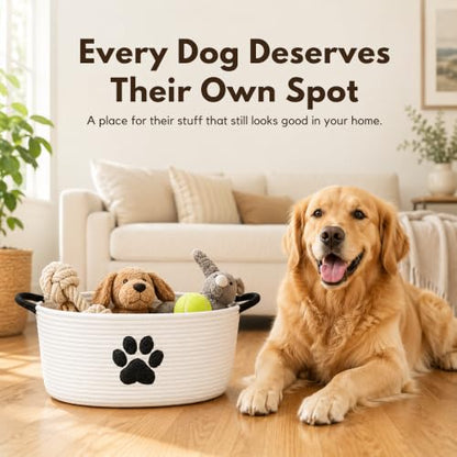 Dog Toy Basket with Handles, Cotton Rope Storage Bin Organizer for Pets | Holds toys, blankets, leashes & dog stuff. Machine washable, collapsible, free-standing woven bin with embroidered paw. - color: White/Black