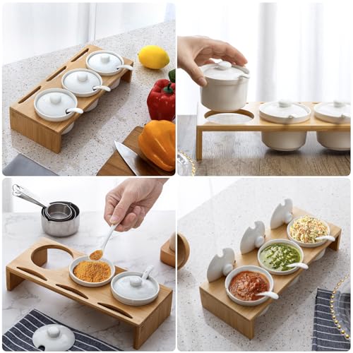 MyGift 10 Pcs Sauce Serving Dish, Hosting Party Essentials Host Gift, 3 Ceramic Ramekin Chip Dip Bowls with Lids & Spoons, Premium Bamboo Server Tray, Condiment Pot Entertaining - color: Bamboo