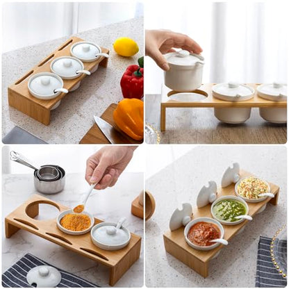 MyGift 10 Pcs Sauce Serving Dish, Hosting Party Essentials Host Gift, 3 Ceramic Ramekin Chip Dip Bowls with Lids & Spoons, Premium Bamboo Server Tray, Condiment Pot Entertaining - color: Bamboo