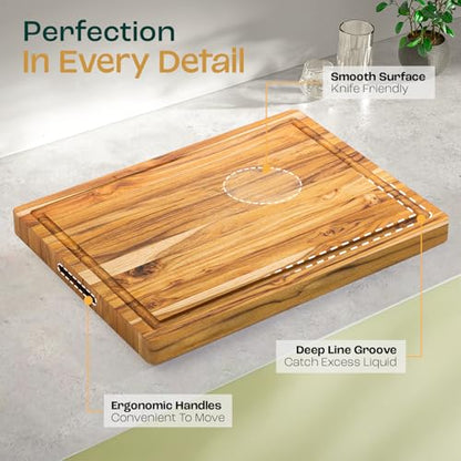Yes4All Durable Teak Cutting Boards for Kitchen,[16.5''L x 13''W x 1.5”Thick] Medium Edge Grain Cutting Board, Pre Oiled Wood Cutting Boards, Thick Chopping Board w/Juice Grooves and Easy Grip Handle - size: 16.9"L x 13"W, style: Teak