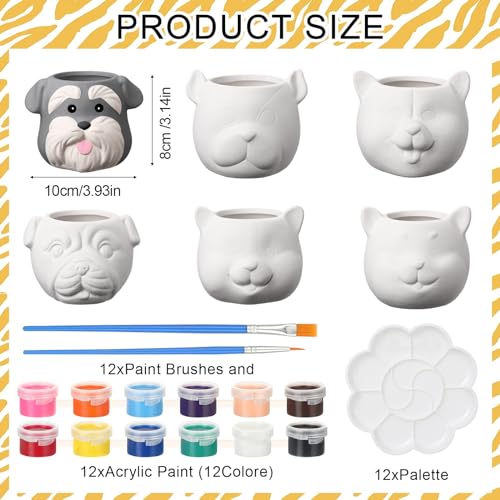 Hushee 12 Sets Ceramic Succulent Planters Paintable Succulent Plant Pots Small DIY Figurines Unpainted Pots with Drainage Hole Color Paints Paintbrushes Palettes - color: Dog
