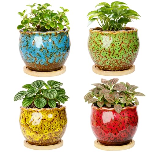 ARTKETTY Succulent Pots, 4 Pack Small Plant Pots with Drainage Tray | 4 Inch Flower Pots, Ceramic Planters for Indoor, Home Office Desk Decor - color: 4'' Colorful 2