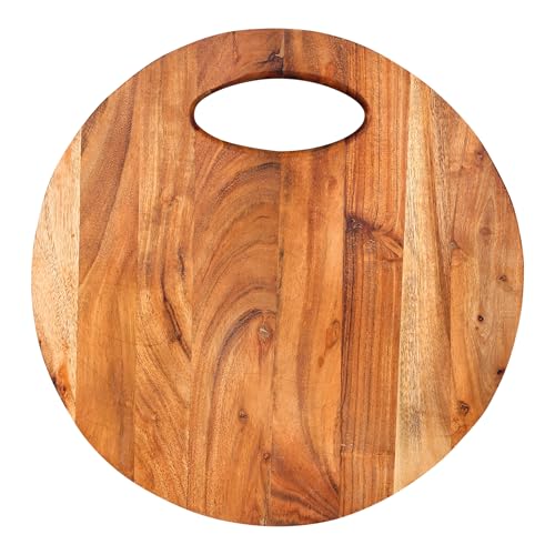 GoCraft Acacia Wood Round Cutting Board with Handle – 12x12 Inches | Rustic Wooden Cheese Board | Charcuterie Tray | Natural Rustic Kitchen Chopping Board | Farmhouse Food Prep & Serving Platter