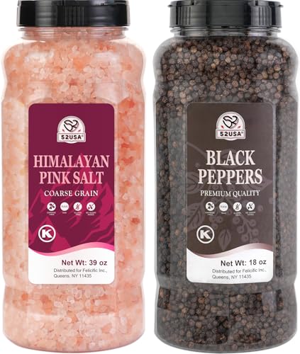 52USA Whole Black Peppercorn 18 Oz + Himalayan Pink Salt 39 Oz Coarse Grain | Salts and Pepper Grinder, Black Peppercorn Refil, Kosher, Pink Himalayan Sea Salt, 2 Piece Set