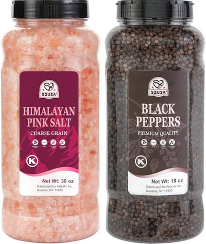 52USA Whole Black Peppercorn 18 Oz + Himalayan Pink Salt 39 Oz Coarse Grain | Salts and Pepper Grinder, Black Peppercorn Refil, Kosher, Pink Himalayan Sea Salt, 2 Piece Set