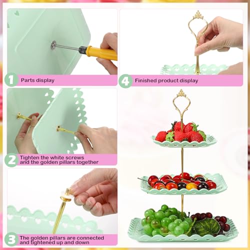 6 Pcs 3 Tier Cupcake Stand Tea Party Trays 3 Tier Serving Tray Plastic Dessert Stand Cake Fruit Candy Display Tower for Wedding Birthday Tea Party (Square,White,Pink,Green) - color: White,pink,green, size: Square