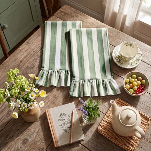 Sage Green Striped Kitchen Towels Set of 2, 100% Cotton Ruffled Striped Dish Towels 18"x31" Absorbent Tea Cloths Classic Pattern for Farmhouse Charm, Drying Dishes, Entertaining Guests - color: Green