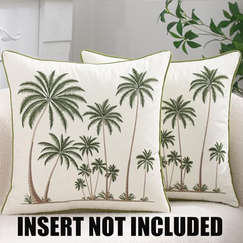 Palm Tree Embroidered Throw Pillow Covers 18x18 Pack of 2 | Ocean-Themed,Durable Fabric,Square Pillow Cover,Boho Decorative,Hidden Zipper,Aesthetic Design,Ideal Gift,Machine Washable - color: Tropical Palm Trees Green