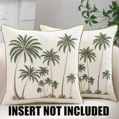 Palm Tree Embroidered Throw Pillow Covers 18x18 Pack of 2 | Ocean-Themed,Durable Fabric,Square Pillow Cover,Boho Decorative,Hidden Zipper,Aesthetic Design,Ideal Gift,Machine Washable - color: Tropical Palm Trees Green