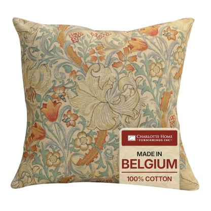 William Morris Golden Lily Light Tapestry Throw Pillow Cover 18 x 18 in - color: Cream,blue,green,orange,red,yellow