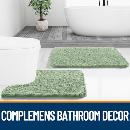 OLANLY Chenille Bath Mat and Bathroom Rugs Sets 2 Piece, Bath Mat Size 36x24 and Bathroom Rugs Sets Size 30x20+24x16 in Sage Green, 3 Item Bundle