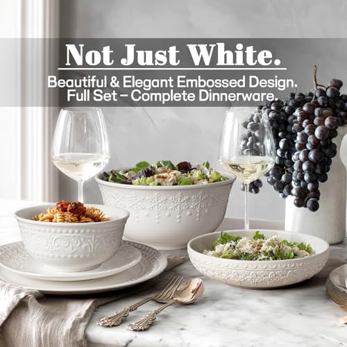 Pasta Bowls 32oz, Ceramic Large Salad Bowls 8 inch, White Embossed Soup Bowl Set of 4 for Entertaining, Serving, Dinner, Wide Shallow Microwave Dishwasher Oven Safe (Four-Leaf Clover) - color: Four-Leaf Clover