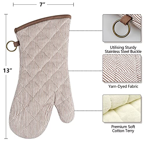 Yarn Dyed Oven Mitts 1 Pair, 100% Cotton Heat Resistant 470 Degree | Oven Gloves for Men Women Cooking Baking Barbecue BBQ Microwave Crafting Machine Washable Pot Holders Mittens (Khaki 2) - color: Khaki