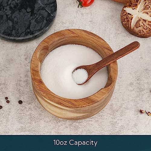 KITCHENDAO Large Acacia Salt Cellar Box Bowl with Built-in Spoon and Marble Lid, Solid Natural Acacia Wood Bath Sea Salt Container, Black Marble Lid, Pepper Sealer Pinch Bowl, 10oz Capacity - color: Black