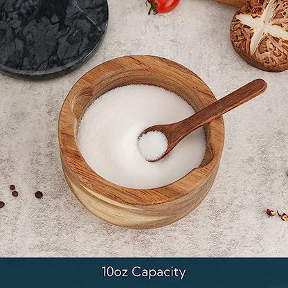 KITCHENDAO Large Acacia Salt Cellar Box Bowl with Built-in Spoon and Marble Lid, Solid Natural Acacia Wood Bath Sea Salt Container, Black Marble Lid, Pepper Sealer Pinch Bowl, 10oz Capacity - color: Black