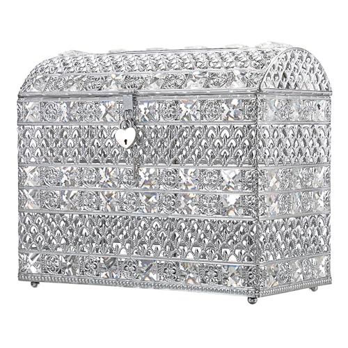 ELLDOO Crystal Wedding Card Box with Heart Lock, Vintage Money Card Box Treasure Chest Style Silver Gift for Wedding Receptions, Centerpiece Decor, Anniversary Keepsake, Gift, Large Size - color: Silver, size: Large