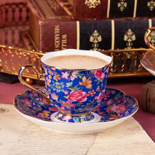 KAMMAK Tea Cup and Saucer, Ceramic Coffee Cups, 6.3 oz, Set of 2 | Porcelain Tea Cups with Saucers for Coffee and Cappuccino, Ideal for Breakfast, Afternoon Tea and Entertaining,643N+644N - style: 643N+644N