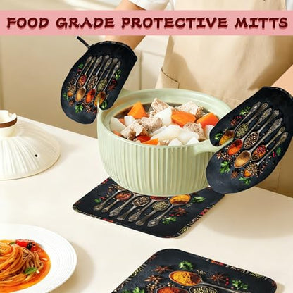 Cooking Herbs Spices Heat-Resistant Silicone Oven Mitts and Pot Holders 4 Piece Set,Extra Long Non-Slip Kitchen Oven Gloves for Cooking, Baking, BBQ,Grilling - color: Cooking Herbs Spices