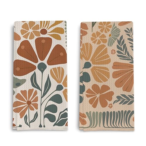 Abstract Boho Floral Kitchen Towels Set of 2, 70s Retro Groovy Dish Towels for Kitchen, Vintage Boho Hand Towels for Bathroom, 16x24 Inches - color: Patterned