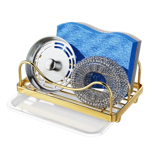 Consumest Sponge Holder for Kitchen Sink - Movable Sink Caddy for Countertop Organizer, 304 Stainless Steel Sponge Holder with Detachable Drip Tray for Kitchen Accessories, Gold - color: Gold
