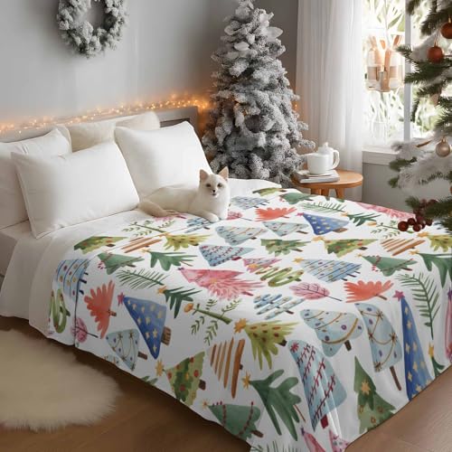 Christmas Tree Throw Blanket, Abstract Pink Blue Green Tree Super Soft Warm Flannel Blankets for Bed Couch Sofa Cute Graffiti Xmas Winter Lightweight Fluffy Plush Bed Throws 50x60 Inch - color: Pink Blue Gray, size: 50''x60''