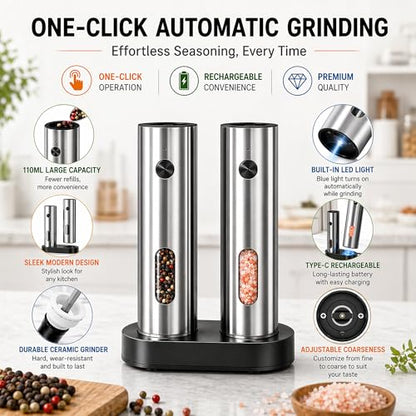 Electric Salt and Pepper Grinder Set with Rechargeable Base, Stainless Steel Automatic Pepper Mill, Large Capacity with LED Light & Adjustable Coarseness, Ideal for Kitchen, Outdoor & BBQ Gifts