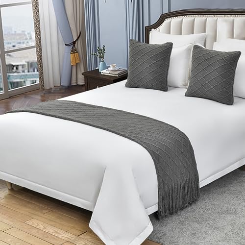 Cotton Knit Bed Runner,knitted Throw Blanket With Tassel,decorative Bedding Scarf Cover,solid Color Woven Sofa Throw Bed Runner For Hotel Home Double Single King Size Bed(2pc Pillowcase, Dark grey) - color: Dark Grey, size: 2pc Pillowcase