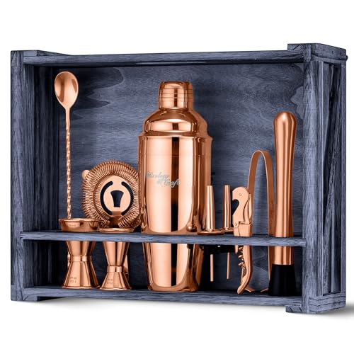 Mixology & Craft Rustic Cocktail Shaker Set – Includes Wood Stand, Complete Barware Kit with 24 Oz Shaker, Dual Jiggers, Pourers, Muddler, Strainer – Perfect for Home Bartenders (Copper) - color: Copper