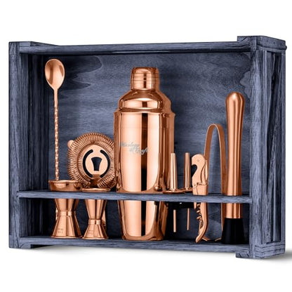 Mixology & Craft Rustic Cocktail Shaker Set – Includes Wood Stand, Complete Barware Kit with 24 Oz Shaker, Dual Jiggers, Pourers, Muddler, Strainer – Perfect for Home Bartenders (Copper) - color: Copper