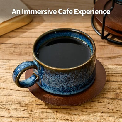 LUKA 6 Ounce Porcelain Stackable Espresso Cups with Saucers and Metal Stand Set of 4, Ceramic Cappuccino Cups Set for Specialty Coffee Drinks, Latte, Cafe Mocha and Tea, Reactive Blue - color: Reactive Blue
