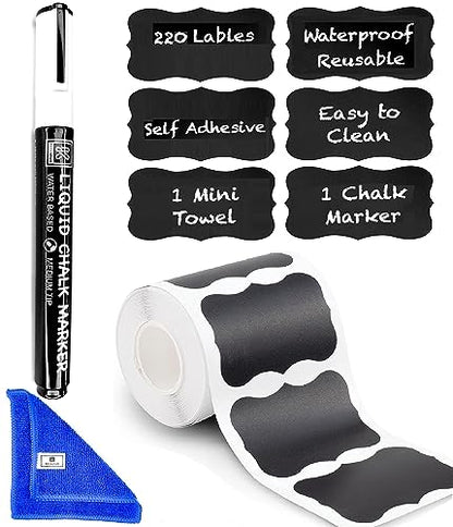 Chalkboard Labels Roll for Jars 220pcs Wavy Shape - Waterproof Reusable Chalk Sticker Labels for Containers Storage Jars - Includes Erasable Liquid Chalk Marker & Mini Towel - style: 220 Labels Wavy Shape