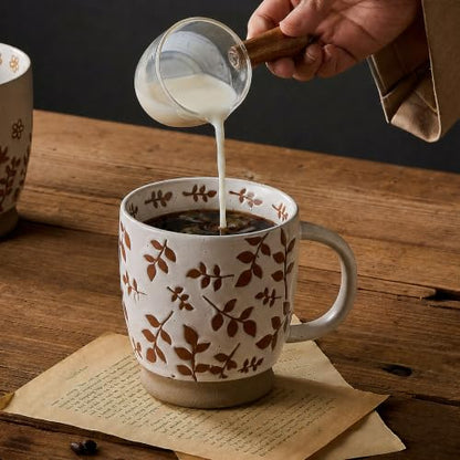 18 Oz Large Ceramic Coffee Mug Set of 2 - Rustic Handmade Floral Mugs with Handle, Microwave Safe for Latte Espresso Cappuccino Tea Cocoa Milk, Modern Unique Big Cups for Kitchen Women(Caramel Brown) - color: Caramel Brown