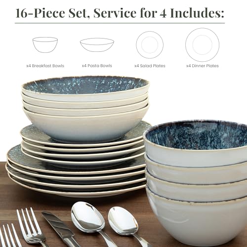 Larder & Vine Stoneware Dinnerware Set, 16 Piece, 4 Place Settings, Made in Portugal, Bondi Waters - color: Bondi Waters