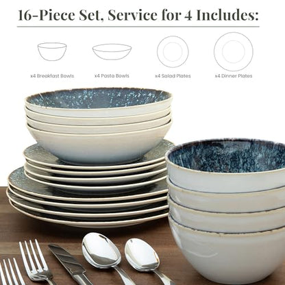 Larder & Vine Stoneware Dinnerware Set, 16 Piece, 4 Place Settings, Made in Portugal, Bondi Waters - color: Bondi Waters