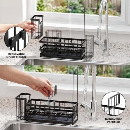 Kitchen Sink Organizer, Stainless Steel Sponge Holder, Black | Rust-Resistant Steel, Detachable Draining Board, Compartment Divider, Brush Holder & Towel Bar, Ideal for Kitchen Storage - color: Black