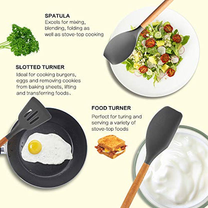 MIBOTE Silicone Cooking Kitchen Utensils Set, 17 Pcs, Wooden Handle, Grey | BPA-Free, Non-Toxic Silicone Turner, Tongs, Spatula, Spoon Set – Great for Nonstick Cookware, Heat-Resistant, Easy Clean - color: Gray