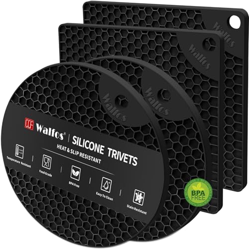 Walfos Silicone Trivet Mats - 4 Heat Resistant Pot Holders, Multipurpose Non-Slip Hot Pads for Kitchen Potholders, Hot Dishers, Jar Opener, Spoon Holder, Food Grade Silicone & BPA Free (Black) - style: 7.1+7in, 4 Black Round + Square