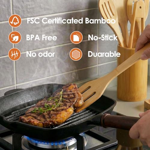 Kitchen Utensils Set of 8 PCS, 12Inches Bamboo Wooden Cooking Spoon & Spatula Tools Perfect for Non-Stick Cookware (Bamboo 12inches) - size: 8 Pieces (12 inches)