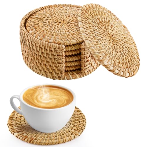 6Pcs Handmade Natural Rattan Coasters Set with Holder, Boho Coastal Decor | Farmhouse Aesthetic Drink Coasters, Home Kitchen Beach Decor, Housewarming Gifts