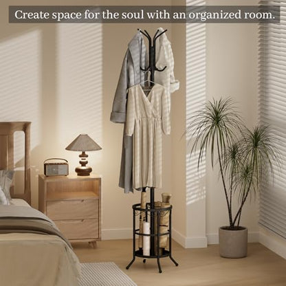 Coat Rack Freestanding with Umbrella Holder – Metal Hanger Stand, Hall Tree with 12 Hooks, Entryway Organizer for Hats, Bags, and Clothes (Black) - color: Black
