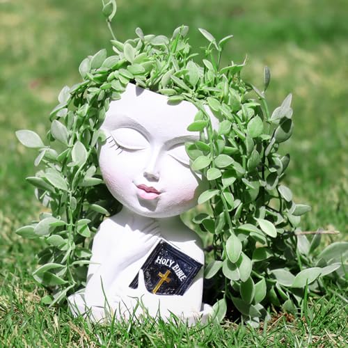 Face Planters Pots Head for Indoor Outdoor Plant Unique Head Planter Holding Book Confessional Girl Face Flower Pot with Drainage for Succulent Cactus String Of Pearls Plant Gift Idea(White) - color: White