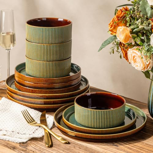 GBHOME Stoneware Dinnerware Sets for 4, 12 Pieces Plates and Bowls Set | Lightweight Ceramic Ribbed Dishes,Reactive Glaze Stackable Plate Set,Scratch Resistant,Microwave Dishwasher Safe,Maroon Olive - color: Maroon Olive