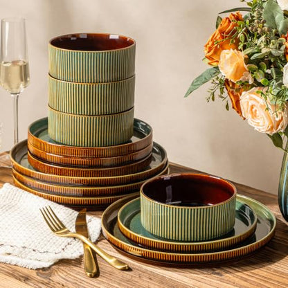 GBHOME Stoneware Dinnerware Sets for 4, 12 Pieces Plates and Bowls Set | Lightweight Ceramic Ribbed Dishes,Reactive Glaze Stackable Plate Set,Scratch Resistant,Microwave Dishwasher Safe,Maroon Olive - color: Maroon Olive